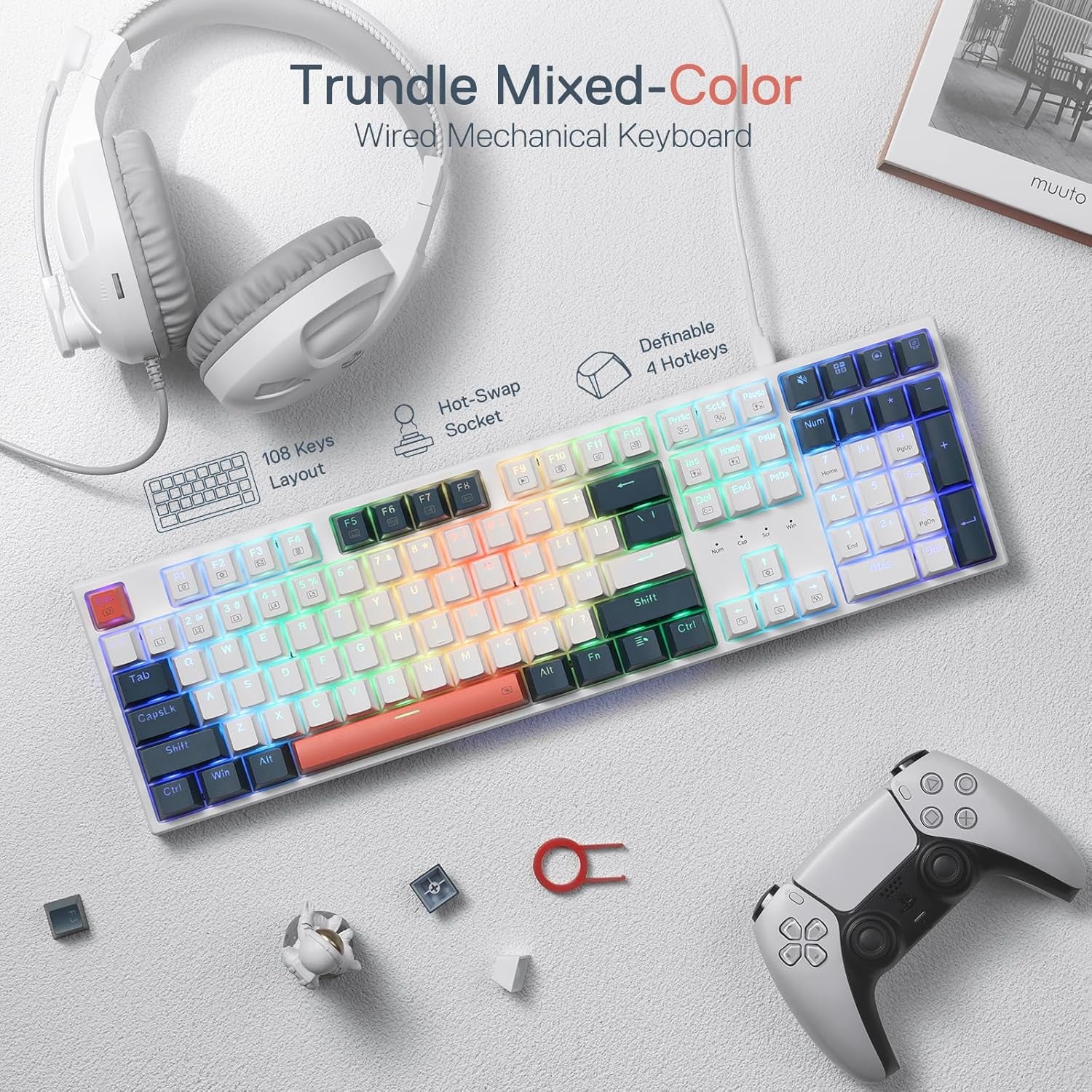 K668 RGB Gaming Keyboard, 108 Keys Wired Mechanical Keyboard W/Extra 4 Hotkeys, Sound Absorbing Foams, Upgraded Hot-Swappable Socket, Mixed Color Keycaps X 2 Sets, Red Switch
