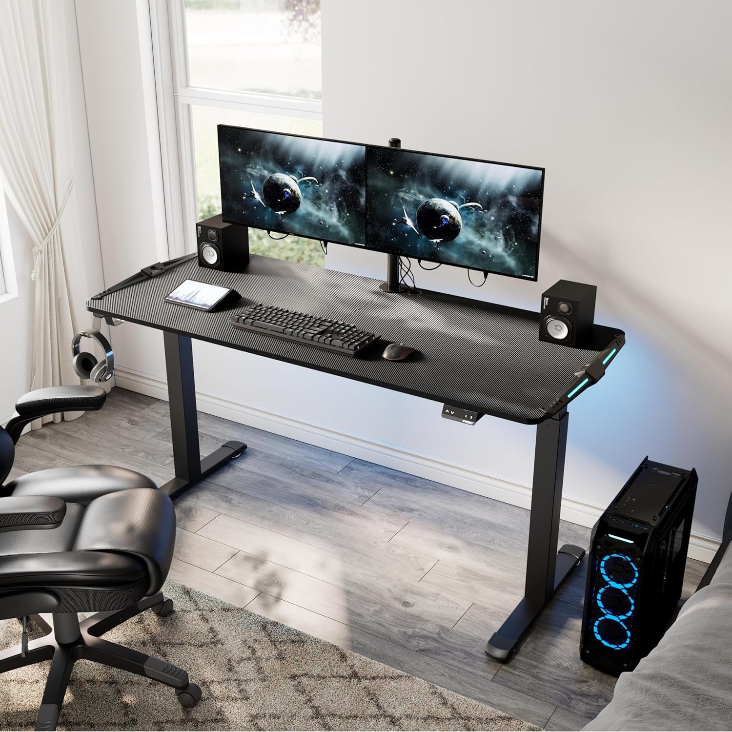 65 Inch Electric Height Adjustable Gaming Desk Standing Desk, Large Computer Table with RGB LED Lights and Extended Gaming Mouse Mat for Gaming and Home Office,Black