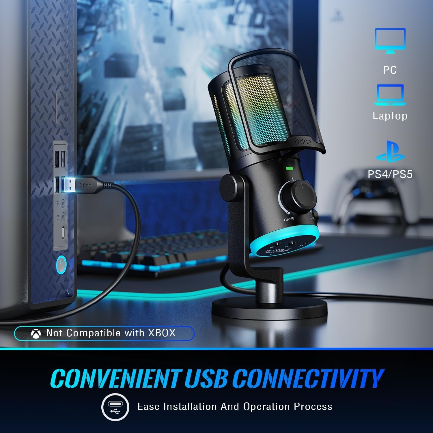 Gaming PC Microphone, USB Streaming Microphone with Game Chat Balance, Computer Condenser Desktop RGB Mic with Mute Button, Noise Cancellation for Podcast/Twitch/Discord-Ampligame AM6