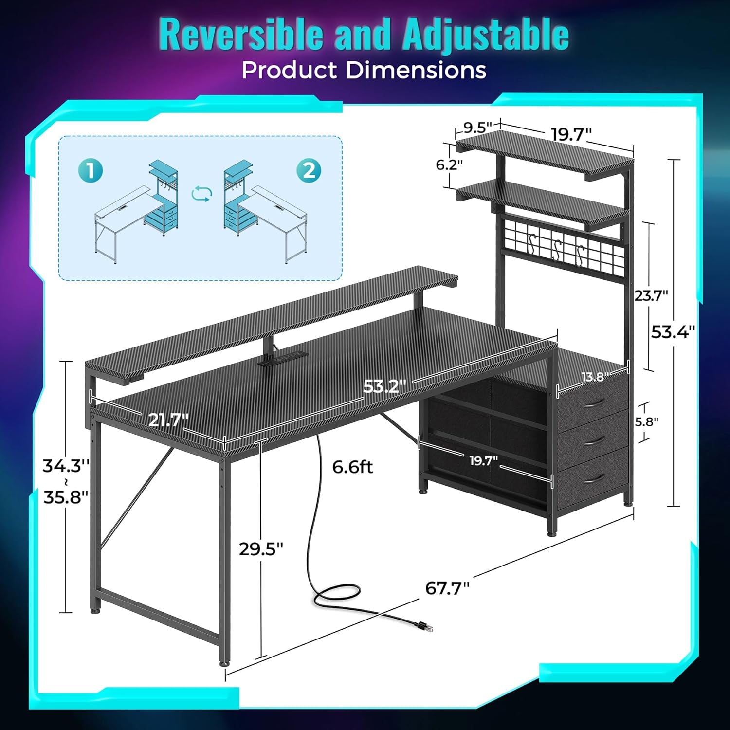 68" Gaming Desk with LED Lights & Outlets, Computer Desk with 3 Fabric Drawers, PC Desk with PC Case Stand & Movable Storage Shelves, Monitor Stand, Reversible, Carbon Fiber Black