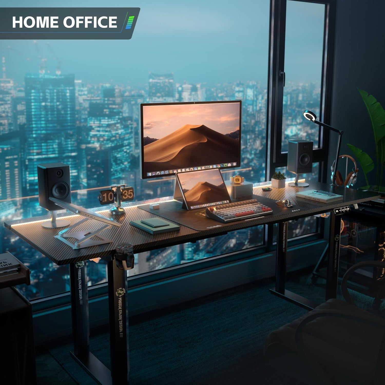 71" X 30" Gaming Standing Desk, 4-Leg Electric Height Adjustable, Sit to Stand Desk with LED Light and Locking Wheels, Flip-Top Design, Ergonomic Computer Desk, Carbon Fiber Texture