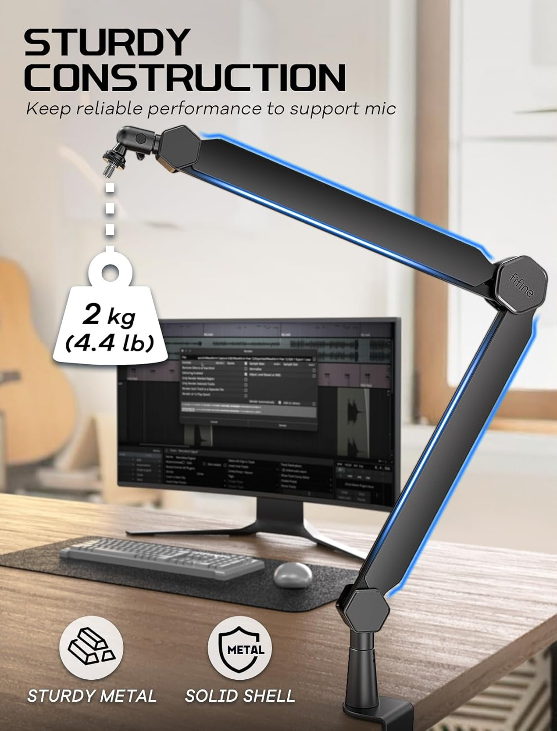 Mic Arm Stand, Microphone Boom Arm with Desk Clamp, Cable Channels, 3/8" to 5/8" Threads, Heavy Metal Microphone Stand for Podcast, Vocal Recording, Gaming-Bm66 Black