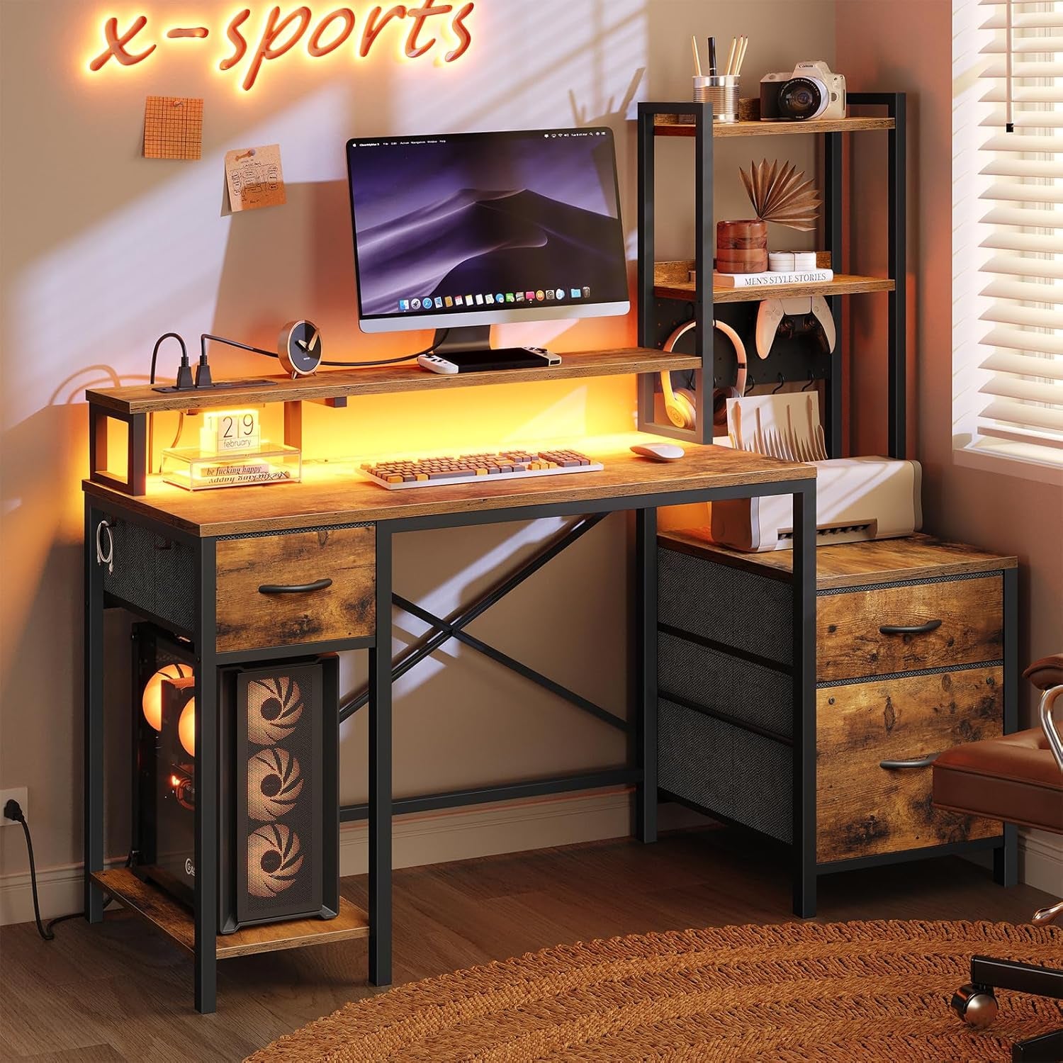 55" Gaming Desk with Power Outlet & LED Light, Computer Desk with Storage Shelves & Monitor Stand, Industrial Gaming Table with Fabric Drawers & Side Hook, Rustic Brown and Black