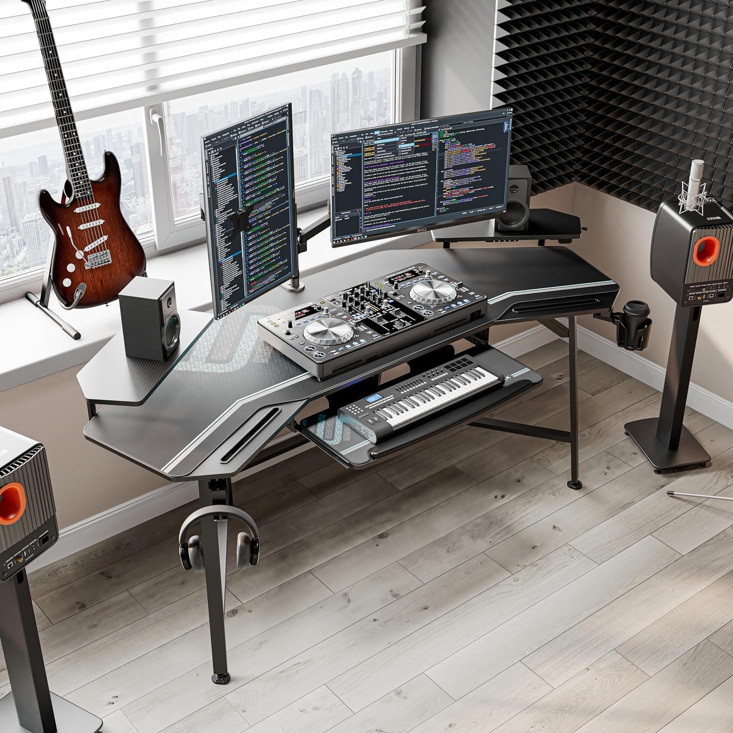 Aero Gaming Desk with Led Lights, 72" Large Wing-Shaped Studio Desk W Keyboard Tray Monitor Stand Dual Headphone Hanger Cup Holder for Live, Streamer