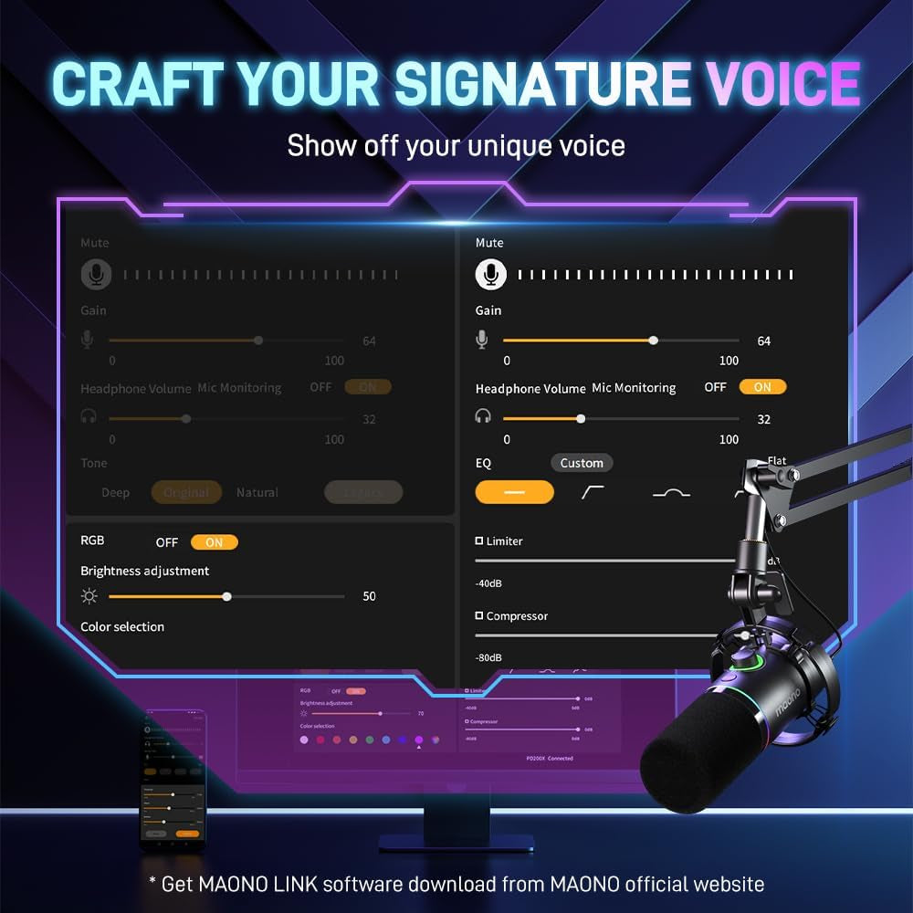 XLR/USB Dynamic Microphone, RGB Gaming Mic with Software, Mute, Gain Knob, Volume Control and Headphone Jack for Streaming, Podcasting, Recording-Pd200X (Black)