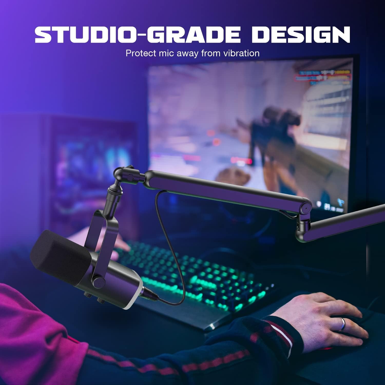 Microphone Boom Arm, Low Profile Adjustable Stick Microphone Arm Stand with Desk Mount Clamp, Screw Adapter, Cable Management, for Podcast Streaming Gaming Studio-Bm88