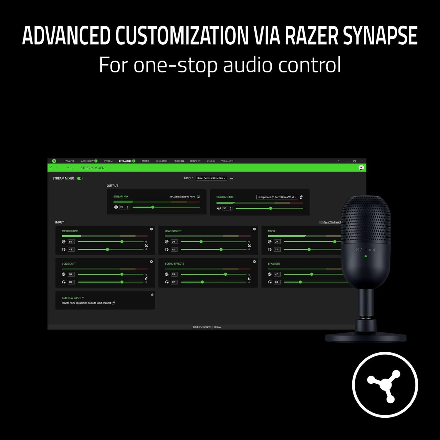 Seiren V3 Mini USB Microphone: Condenser Mic - Supercardioid Pickup Pattern - Tap-To-Mute Sensor with LED Indicator - Shock Absorber - Ultra Compact - PC, Discord, OBS Studio, Xsplit - Black