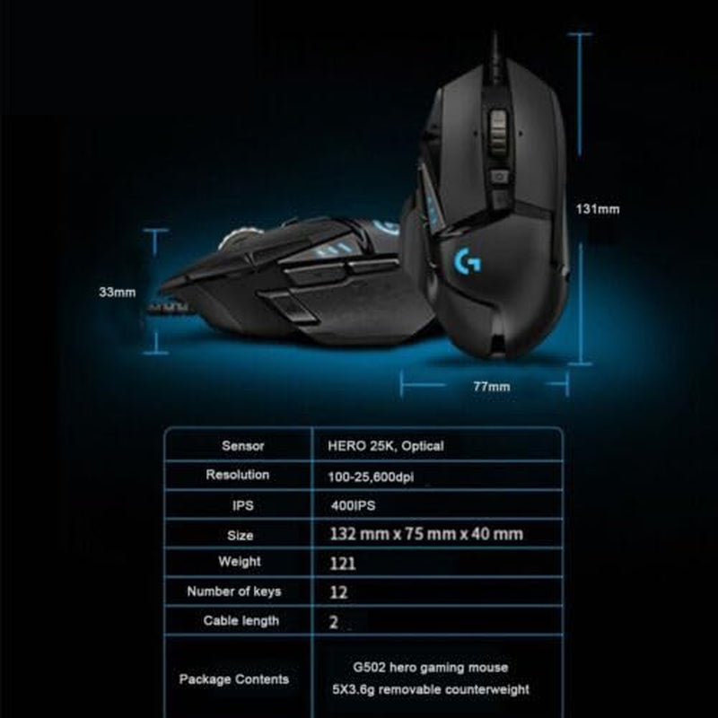 G502 Hero Gaming Mouse (MR0076, 910-005571) - 25,600 DPI, 4K Video Capture