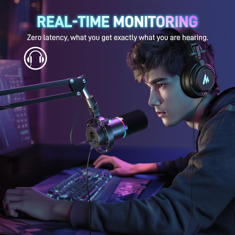 XLR/USB Dynamic Microphone, RGB Gaming Mic with Software, Mute, Gain Knob, Volume Control and Headphone Jack for Streaming, Podcasting, Recording-Pd200X (Black)