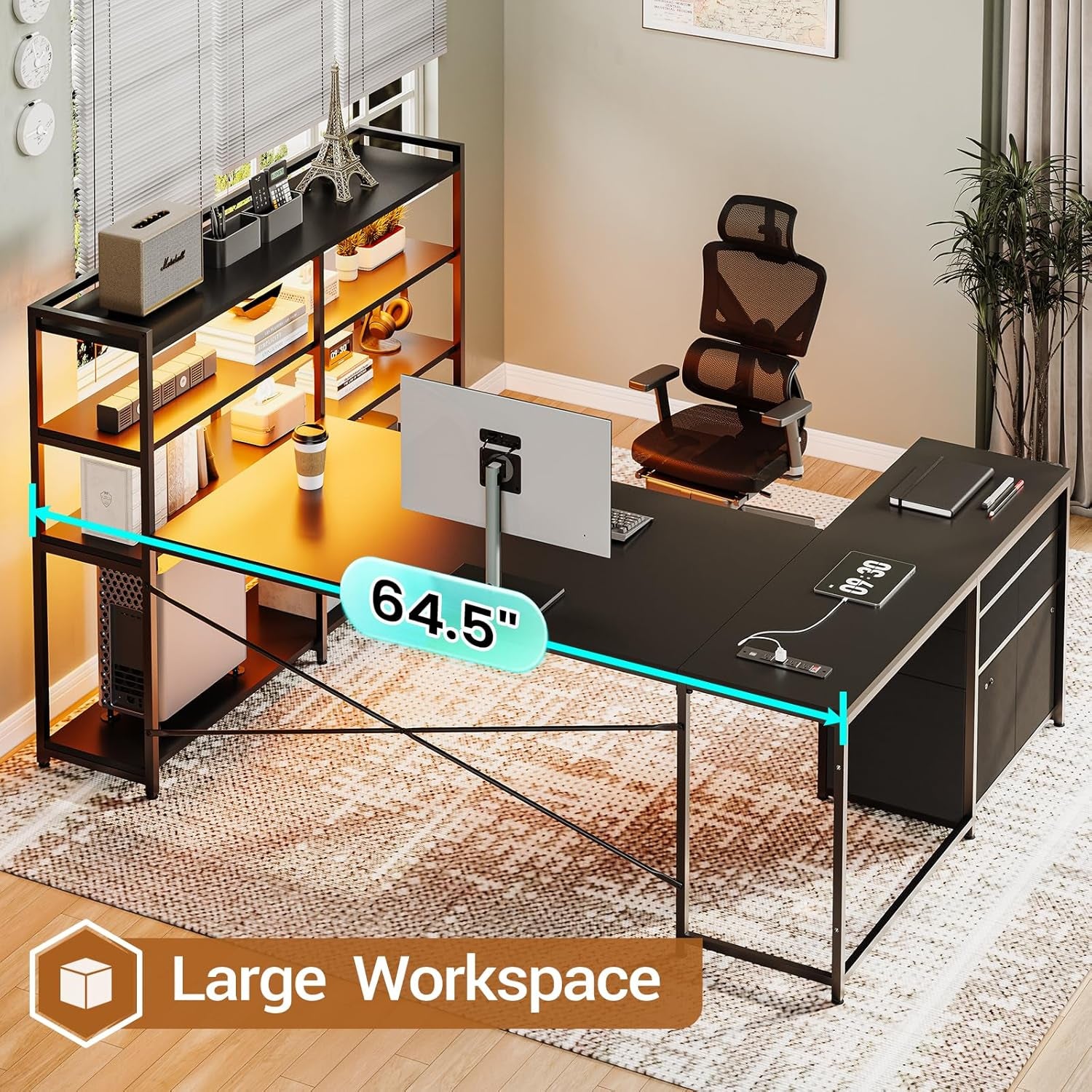 L Shaped Gaming Desk, Reversible U Shaped Computer Desk with Power Outlet and Storage Shelves, Corner Gaming Desk with LED Lights, 3 Fabric Drawers, Black