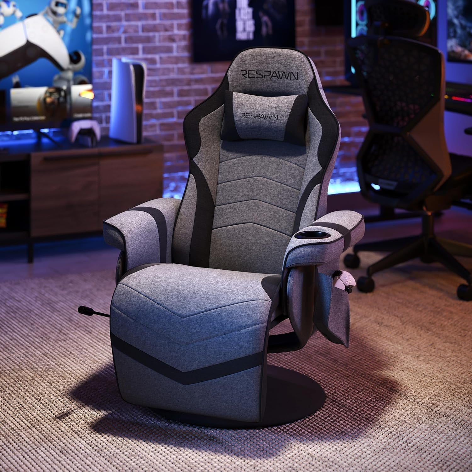 900 Gaming Chair - Video Games Console Recliner, Computer Chair with Adjustable Leg Rest, Cupholder, and Footrest - Gray Fabric