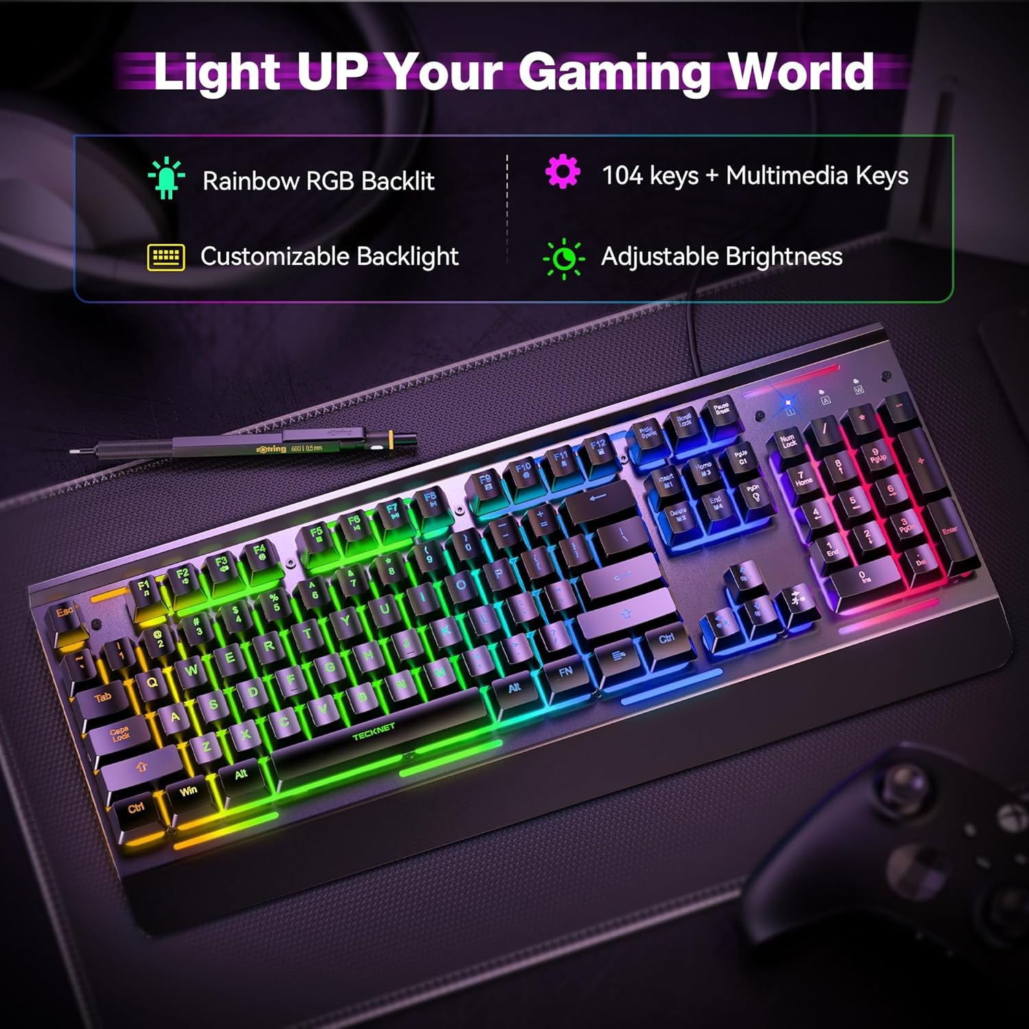 Gaming Keyboard, USB Wired Computer Keyboard, 15-Zone RGB Illumination, IP32 Water Resistance, 25 Anti-Ghosting Keys, All-Metal Panel (Whisper Quiet Gaming Switch)