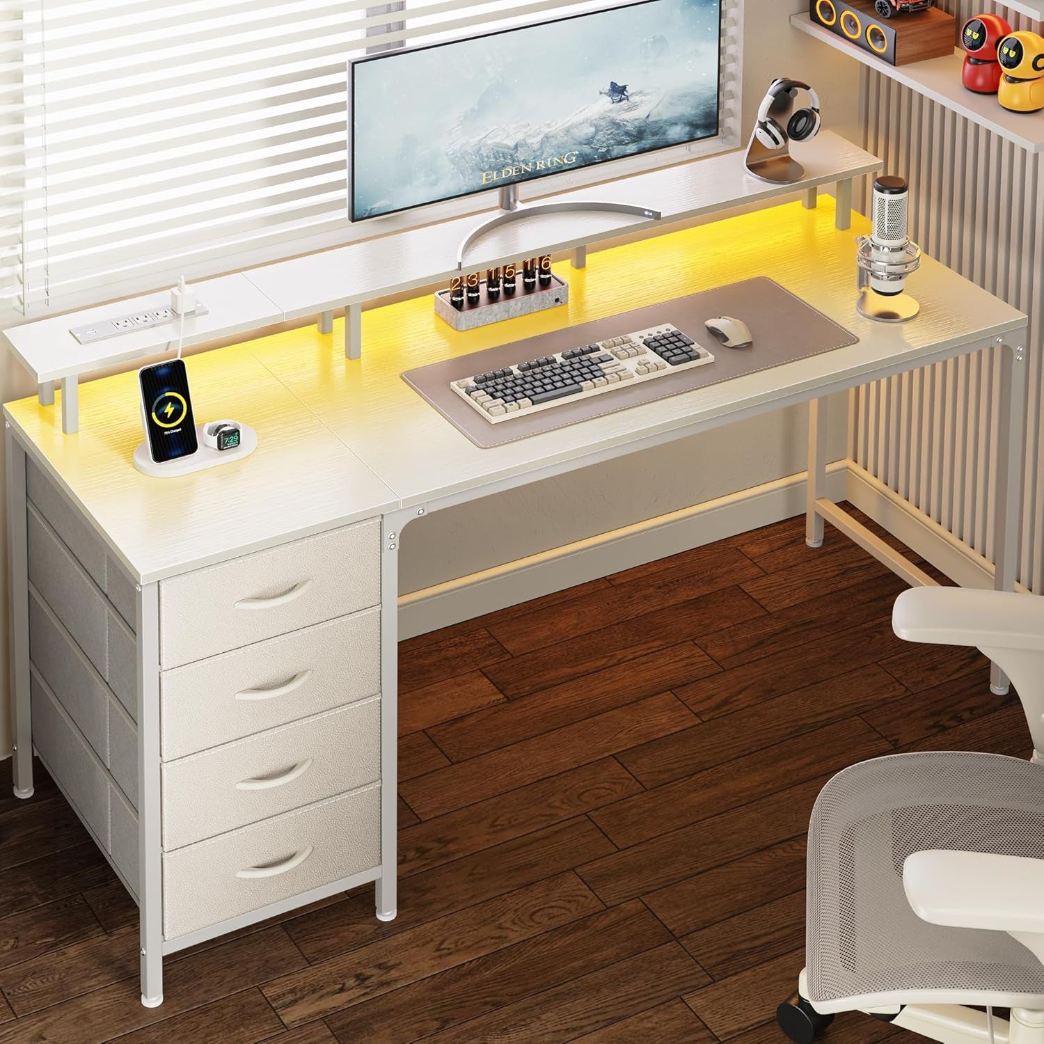 55 Inch Computer Desk with Power Outlets and LED Lights, Gaming Desk with 4 Drawers, Office Desk with Monitor Stand, Study Work Home Office, White
