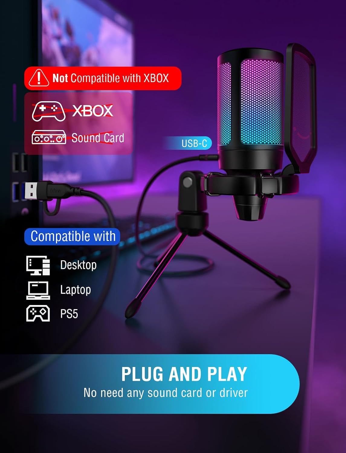 Gaming USB Microphone for PC PS5, Condenser Mic with Quick Mute, RGB Indicator, Tripod Stand, Pop Filter, Shock Mount, Gain Control for Streaming Discord Twitch Podcasts Videos- Ampligame