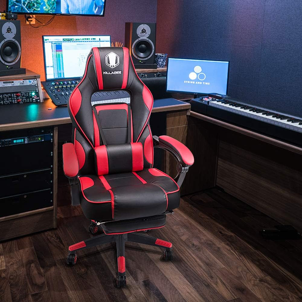 Massage Gaming Chair High Back PU Leather PC Racing Computer Desk Office Swivel Recliner with Retractable Footrest and Adjustable Lumbar Support, Red/Black