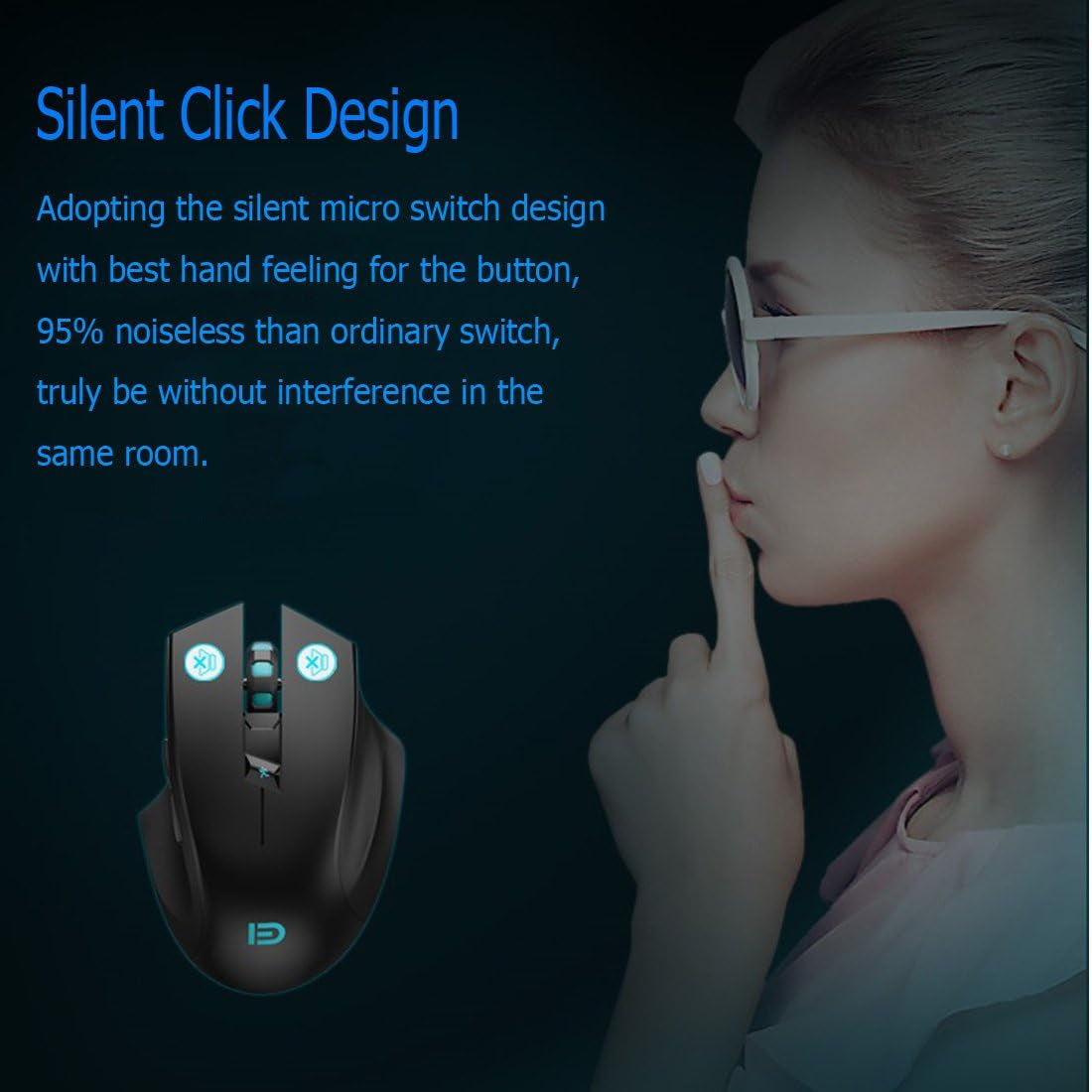 Noiseless Wireless Mouse,Forter I720 Ergonomic Silent Mouse for Gaming and General Use - 2 Side Buttons/2400Dpi - Black