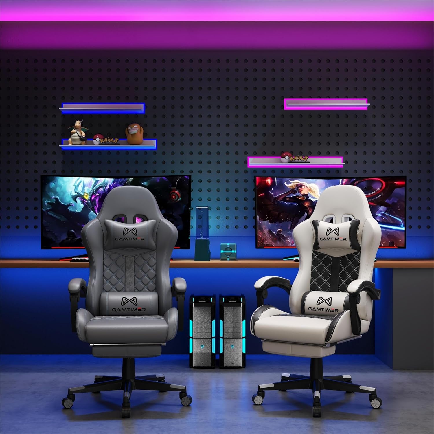 Gaming Chair, 400 Lbs Adult Chair, High Back Computer Chair with Footrest and Linked Armrests, Office Video Game Chair with Lumbar Support (Grey)