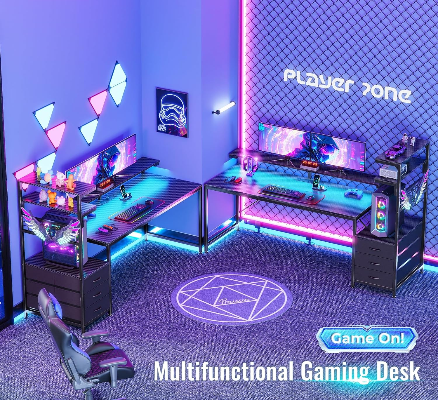 68" Gaming Desk with LED Lights & Outlets, Computer Desk with 3 Fabric Drawers, PC Desk with PC Case Stand & Movable Storage Shelves, Monitor Stand, Reversible, Carbon Fiber Black