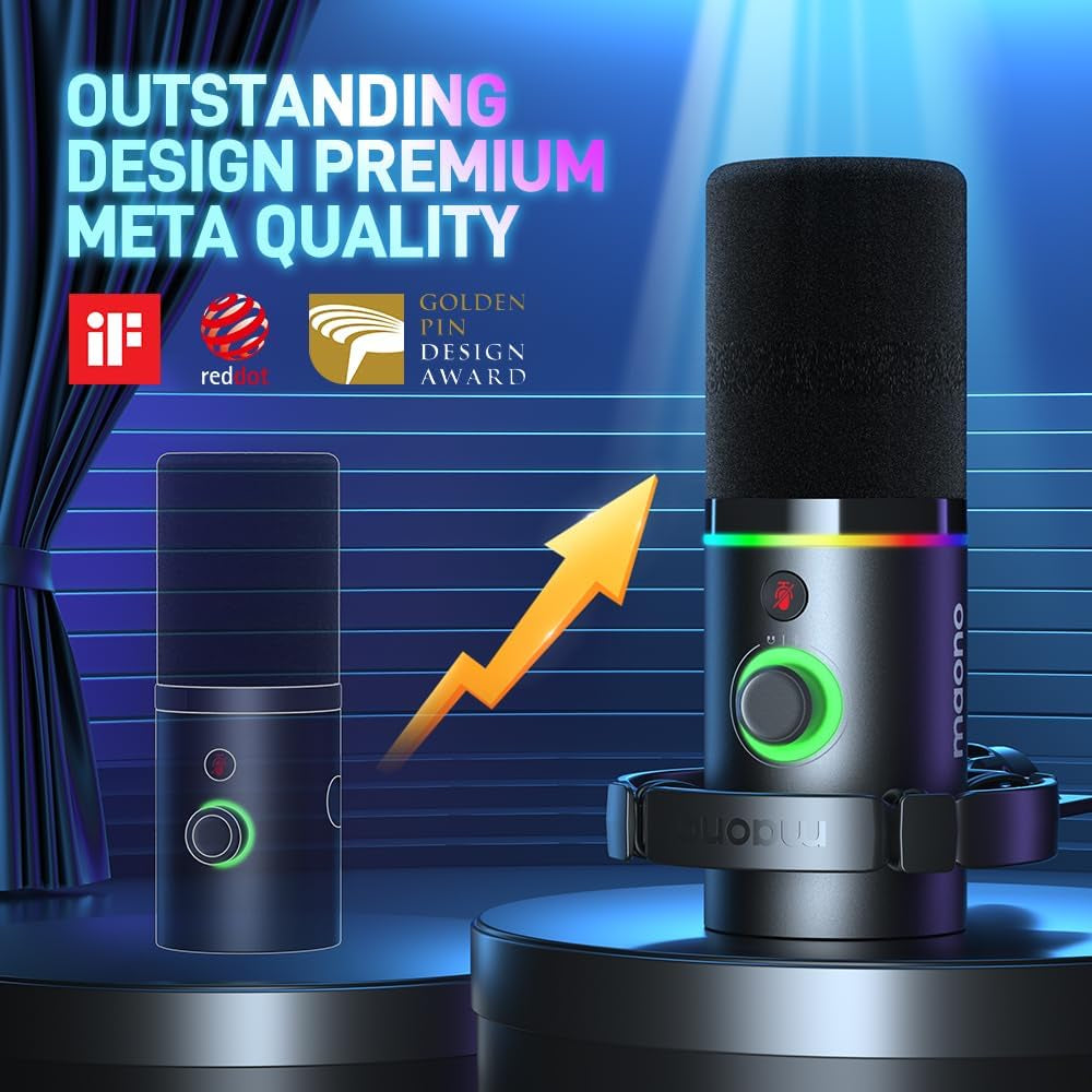 XLR/USB Dynamic Microphone, RGB Gaming Mic with Software, Mute, Gain Knob, Volume Control and Headphone Jack for Streaming, Podcasting, Recording-Pd200X (Black)