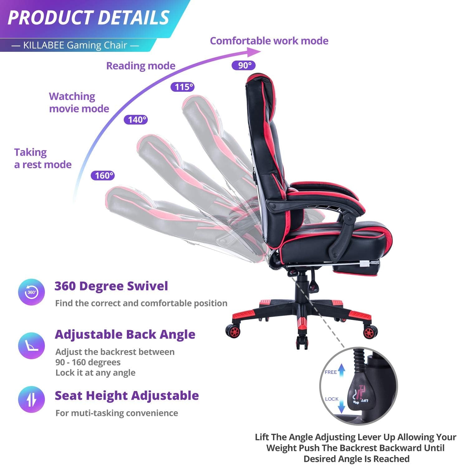 Massage Gaming Chair High Back PU Leather PC Racing Computer Desk Office Swivel Recliner with Retractable Footrest and Adjustable Lumbar Support, Red/Black