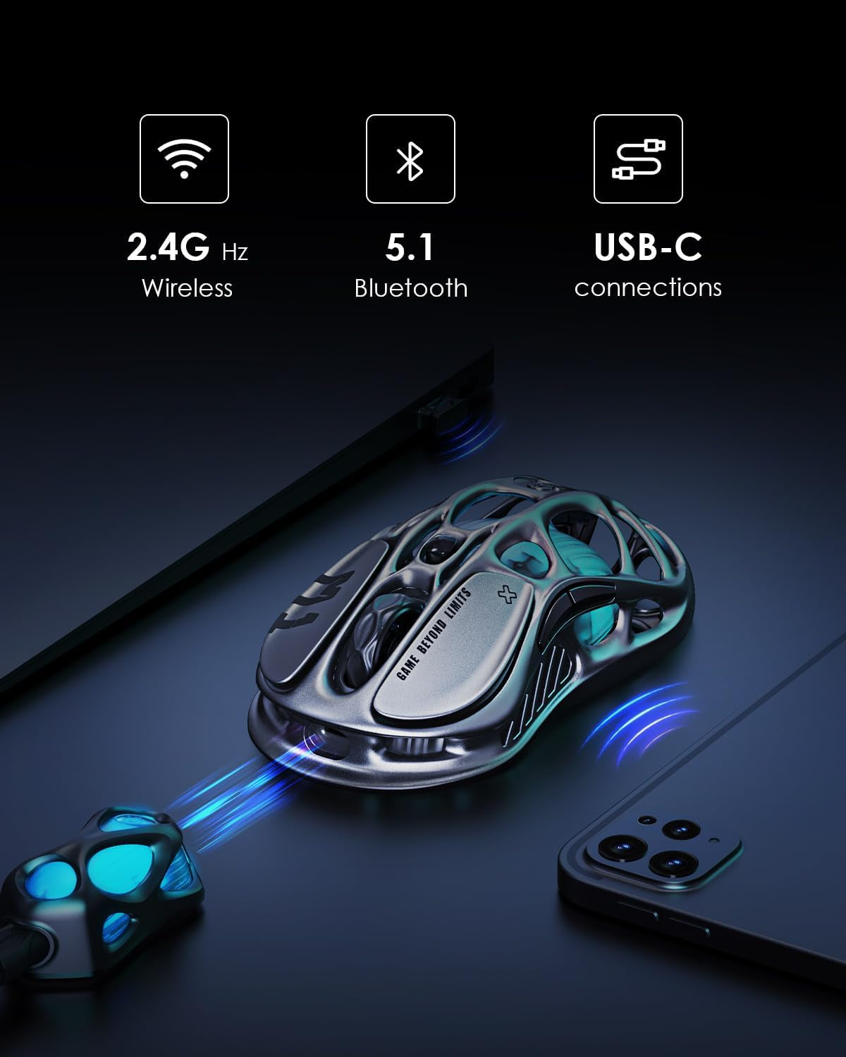 Wireless Gaming Mice Mercury M1 Pro, Lightweight Magnesium Alloy Gaming Mouse, 26,000 DPI, PAW3395DM Sensor, Tri Mode Connection, Support 4K, up to 200 Hours Battery Life
