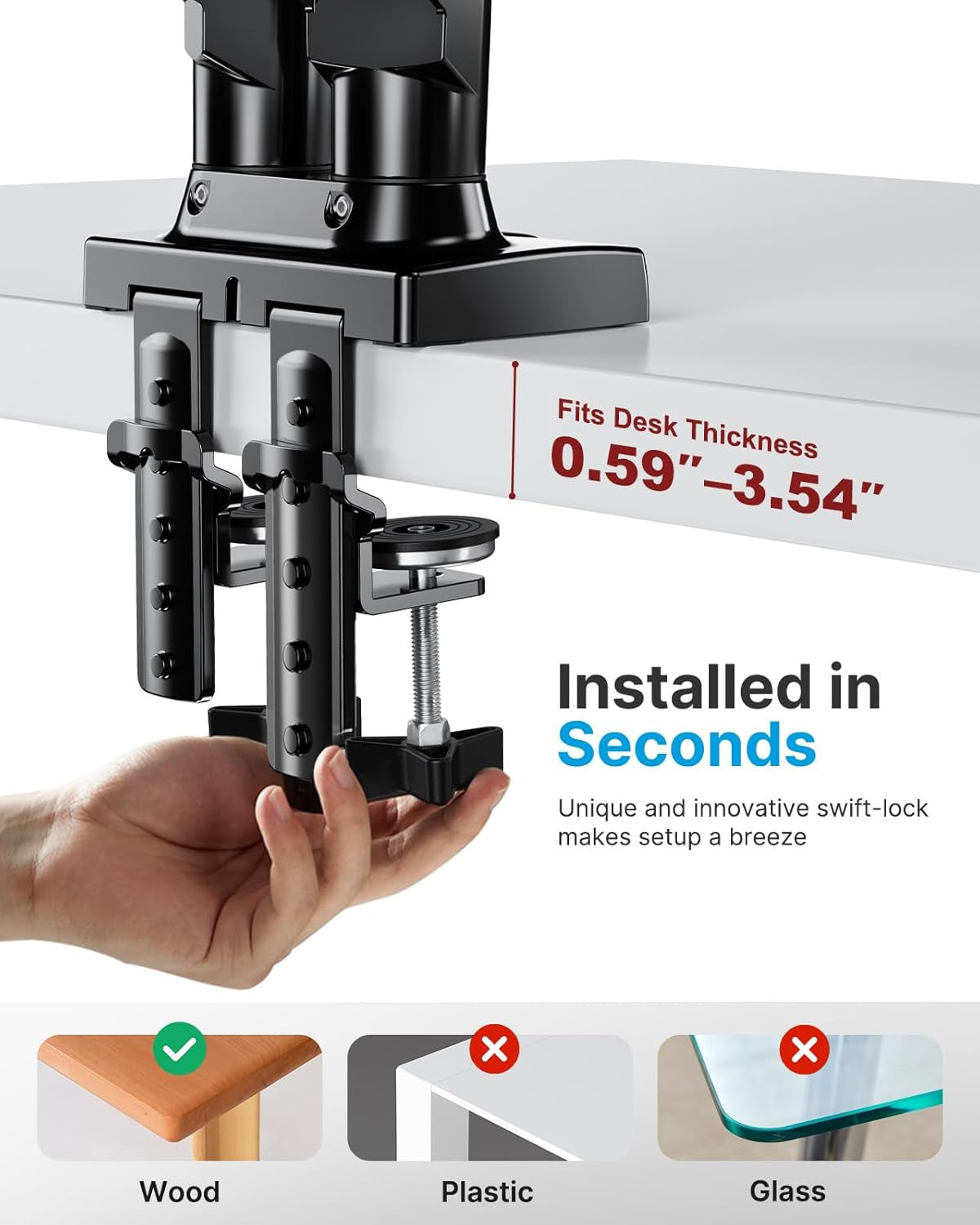 Dual Monitor Stand - Full Adjustable Monitor Desk Mount Swivel Vesa Bracket with C Clamp, Grommet Mounting Base for 13 to 32 Inch Computer Screens - Each Arm Holds 4.4 to 19.8Lbs