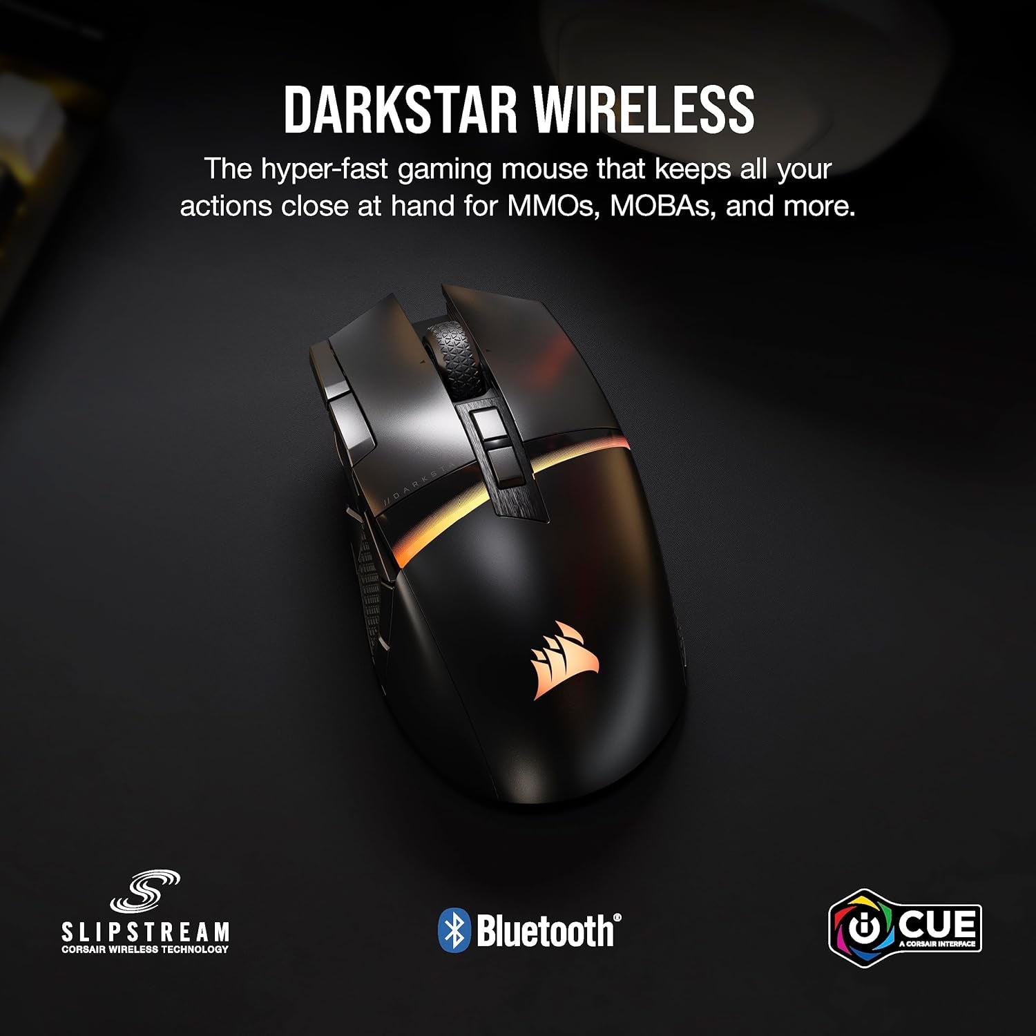 DARKSTAR RGB Wireless Gaming Mouse for MMO, MOBA - 26,000 DPI - 15 Programmable Buttons - up to 80Hrs Battery - Icue Compatible - Black