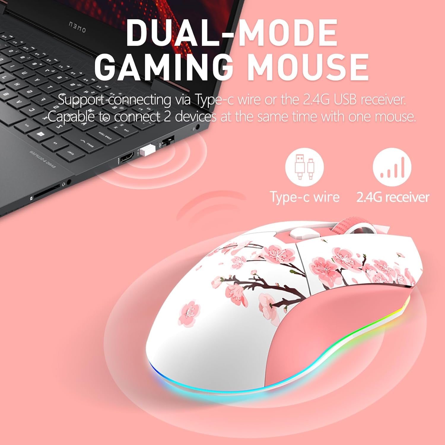 Sakura Pink Wireless Gaming Mouse with Charging Dock Rechargeable RGB,12K DPI,7 Programmable Buttons High-Precision Sensor [300IPS] [1000Hz] for PC Notebook Mac