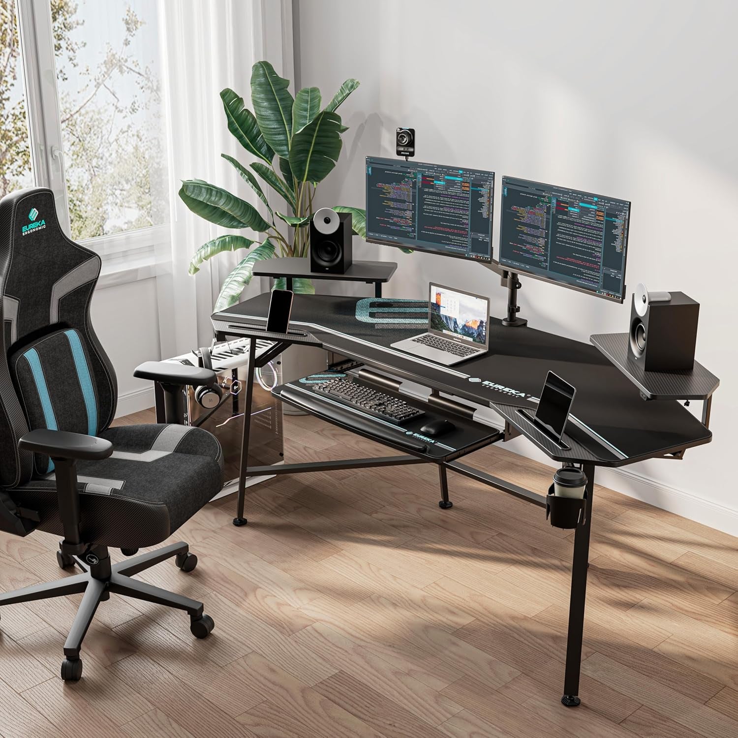 Aero Gaming Desk with Led Lights, 72" Large Wing-Shaped Studio Desk W Keyboard Tray Monitor Stand Dual Headphone Hanger Cup Holder for Live, Streamer