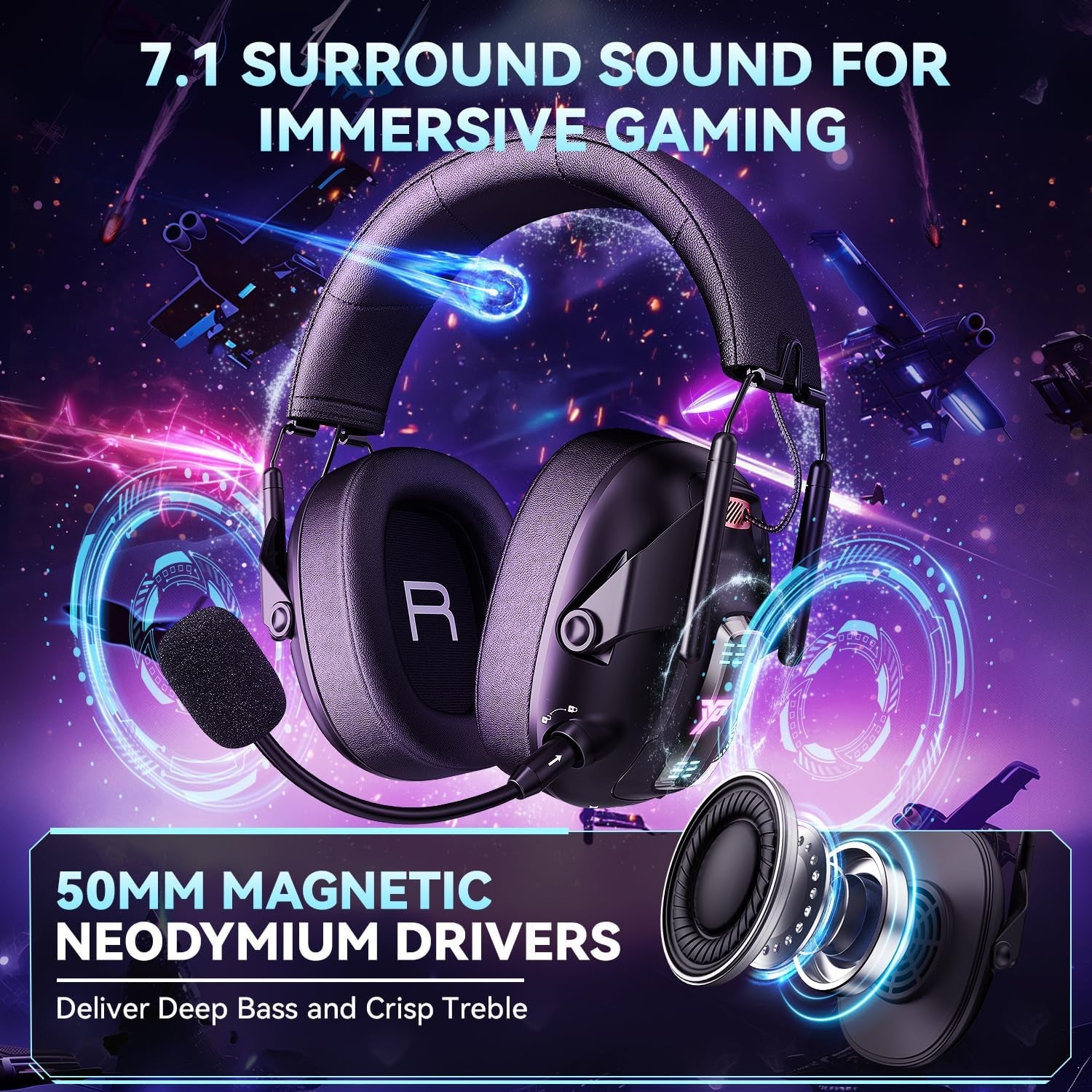Wireless Gaming Headset for PS5, PS4, PC, USB over Ear Gaming Headphones with Noise Canceling Mic, Bluetooth 5.3, 100H Battery, Low Latency, Only Wired Mode for Xbox