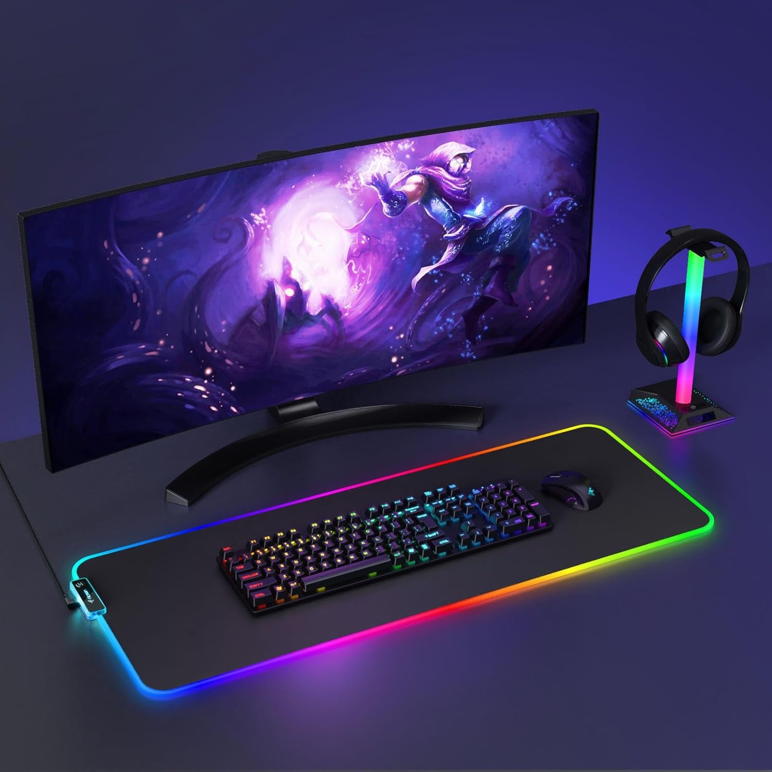 RGB Gaming Mouse Pad, Large Mousepad with Led Light, PC Gaming Accessories Black Keyboard Pad for Desk, Non-Slip Rubber Base XXL Big Mouse Mat for Gamer Boy Men Gift (31.5 X 12 Inch)