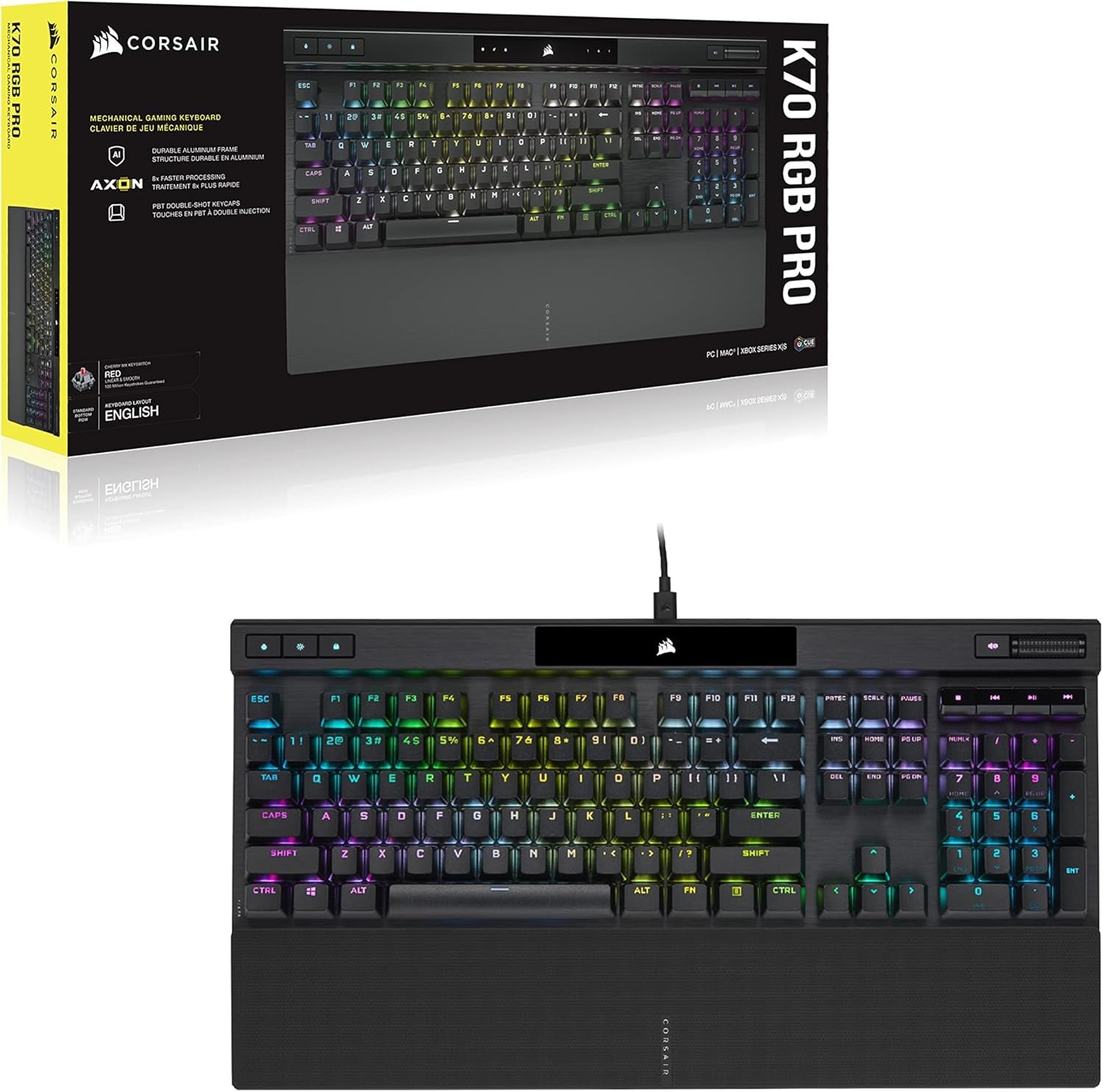 K70 RGB PRO Wired Mechanical Gaming Keyboard (CHERRY MX RGB Blue Switches: Tactile and Clicky, 8,000Hz Hyper-Polling, PBT DOUBLE-SHOT PRO Keycaps, Soft-Touch Palm Rest) QWERTY, NA - Black
