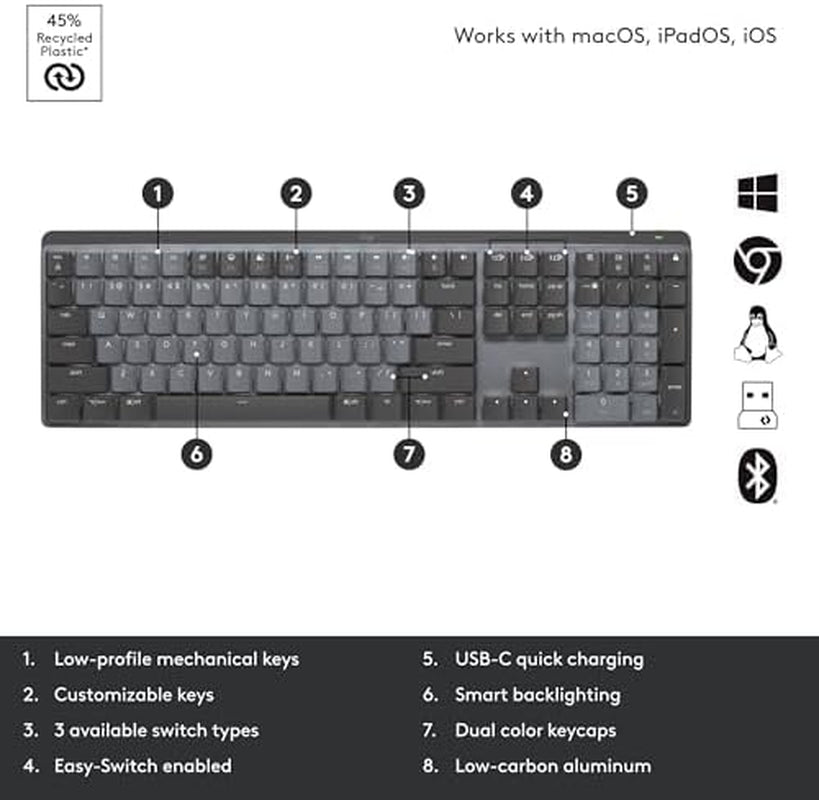 MX Mechanical Wireless Illuminated Performance Keyboard, Tactile Quiet Switches, Backlit Keys, Bluetooth, USB-C, Macos, Windows, Linux, Ios, Android, Metal, ‎Graphite