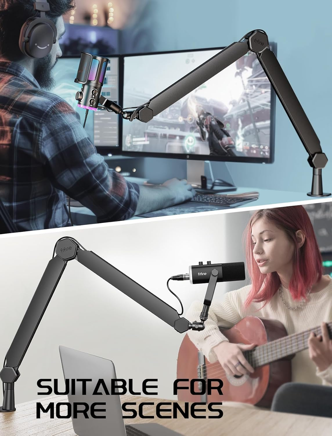 Mic Arm Stand, Microphone Boom Arm with Desk Clamp, Cable Channels, 3/8" to 5/8" Threads, Heavy Metal Microphone Stand for Podcast, Vocal Recording, Gaming-Bm66 Black