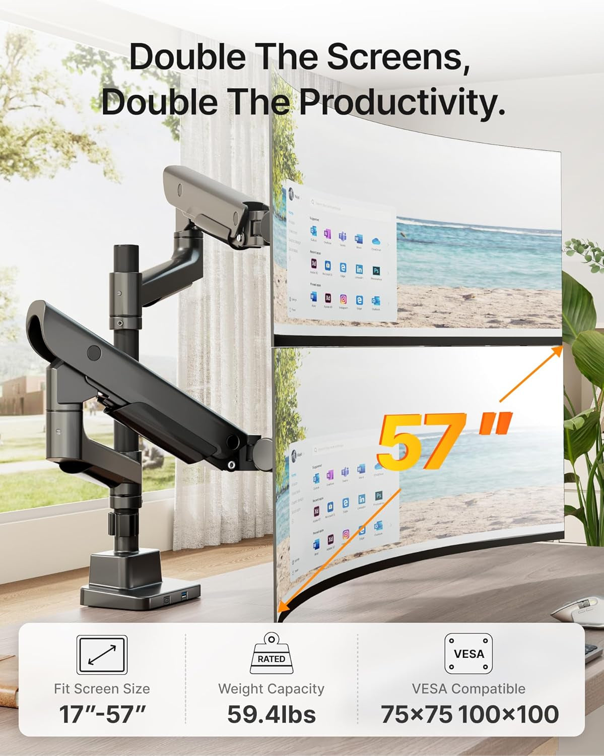 Sleek Aluminum Monitor Arm for 17–57” Ultrawide Screens up to 59 Lbs, USB 3.0 A/C, Heavy Duty Dual Monitor Arm Desk Mount, Pneumatic Lift, Quick-Release Plate, Clamp/Grommet, Max VESA 100X100