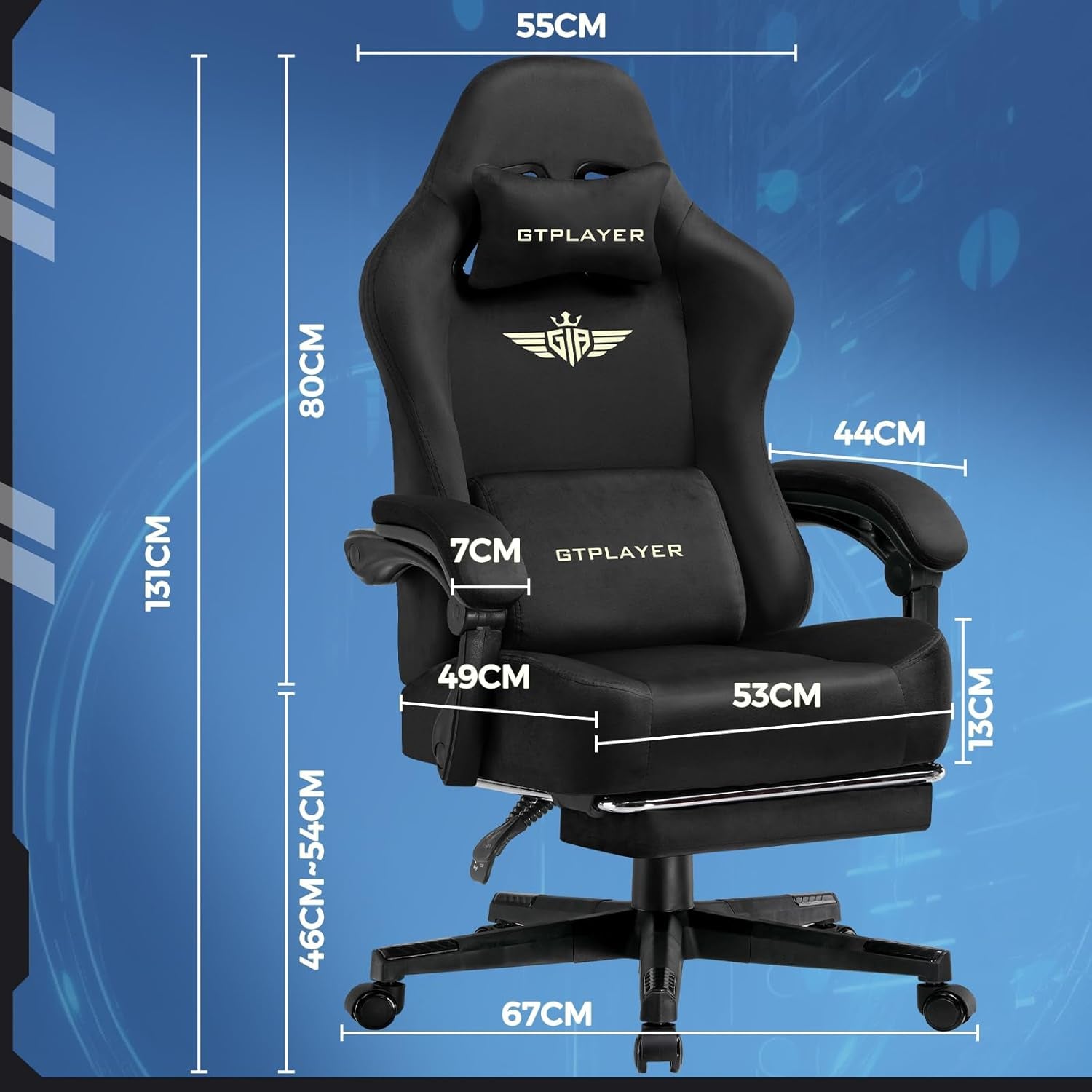 Gaming Chair Fabric with Pocket Spring Cushion, High Back Ergonomic Computer Chair with Footrest for Adults Lumbar Support Swivel Game Chair for Office Gaming 350LBS, Black
