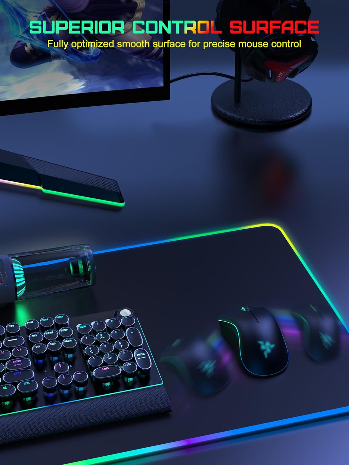 Wireless Charging Mouse Pad, RGB Gaming Mousepad, 35.4" X 15.8" Extra Large Waterproof Keyboard Desk Pad, Cool Computer Desk Mat, Black (Includes 20W PD Power Adapter & 6.56Ft Woven Cable)