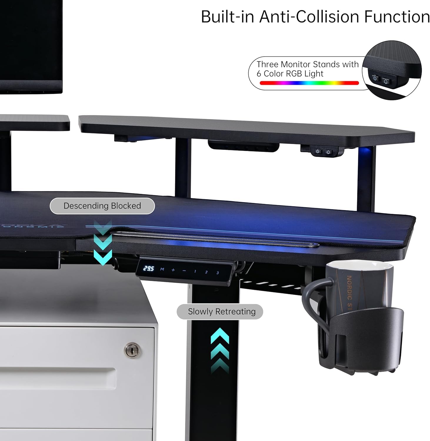 Gaming Desk Adjustable Height Standing Desk 63" Wing Shaped Music Studio Table Workstation W Full Coverage Mousepad, 3 Stands, Dual Headphone/Cup Holder, Ipad-Slot