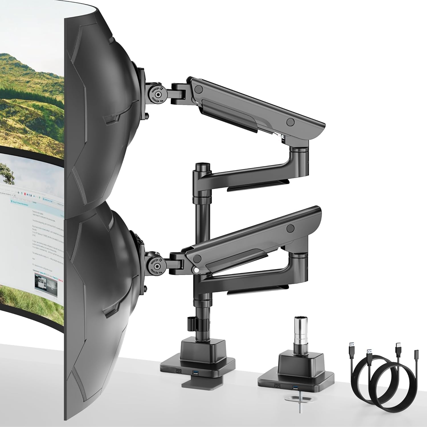 Sleek Aluminum Monitor Arm for 17–57” Ultrawide Screens up to 59 Lbs, USB 3.0 A/C, Heavy Duty Dual Monitor Arm Desk Mount, Pneumatic Lift, Quick-Release Plate, Clamp/Grommet, Max VESA 100X100