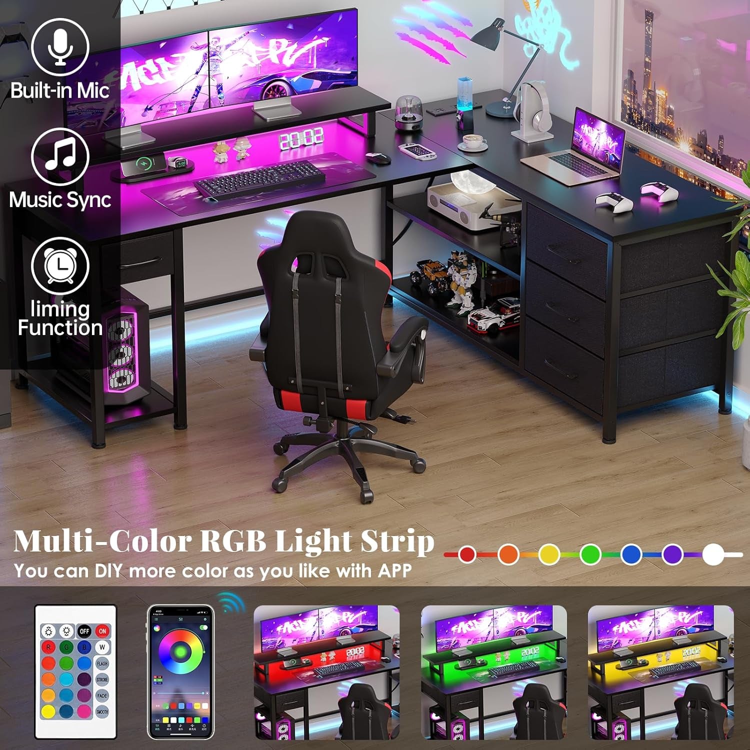61" L Shaped Computer Gaming Desk with USB Charging Ports and LED Lights, Reversible Corner Desk with Drawers, Home Office Desk with Storage Shelves, Black