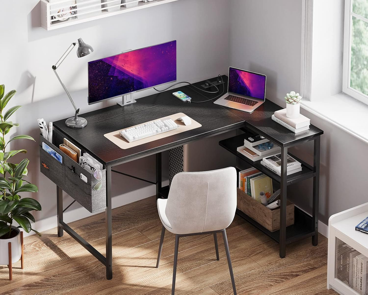 40 Inch Small L Shaped Gaming Computer Desk with Power Outlets, Reversible Storage Shelves & PC Stand for Home Office, Simple Writing Study Table with Storage Bag for Small Space, Black