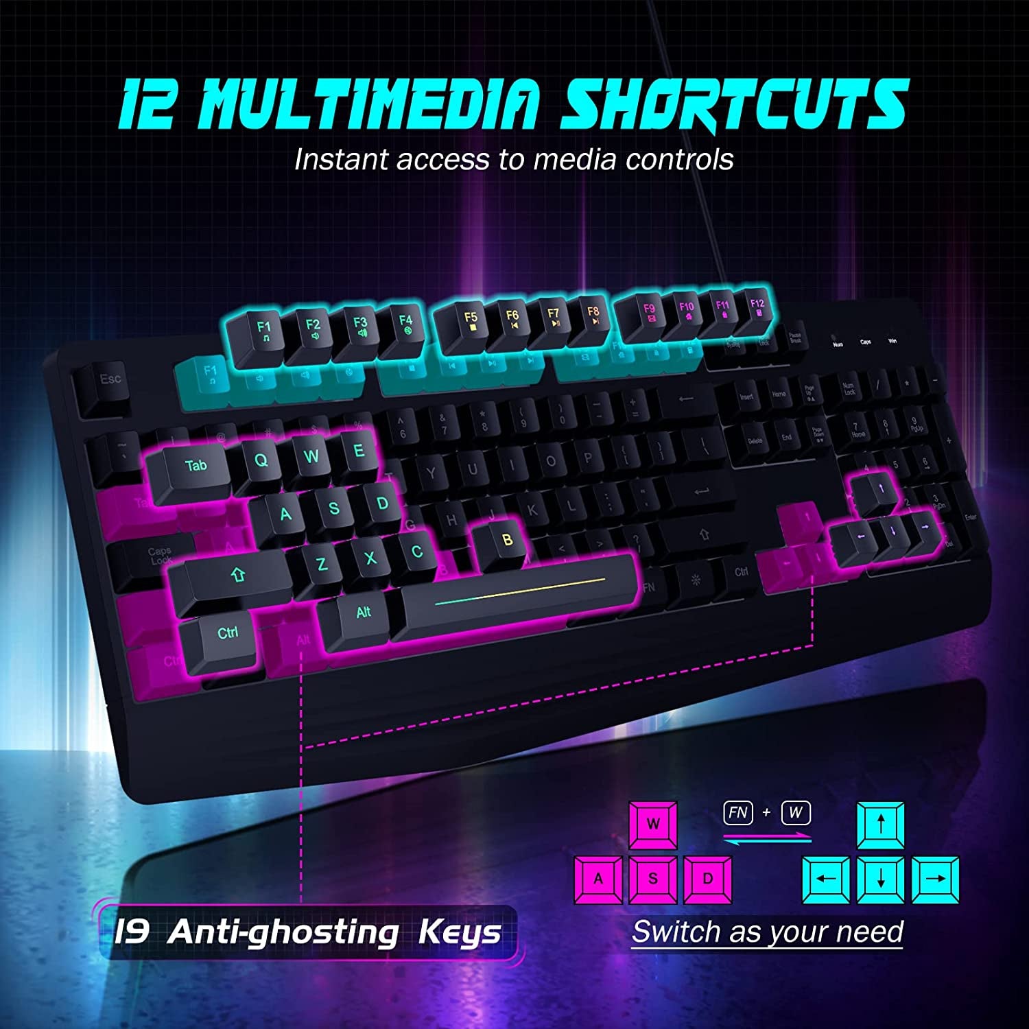 Gaming Keyboard, 7-Color Rainbow LED Backlit, 104 Keys Quiet Light up Keyboard, Wrist Rest, Whisper Silent, Anti-Ghosting Multimedia Keys, Waterproof USB Wired Keyboard for PC Mac Xbox