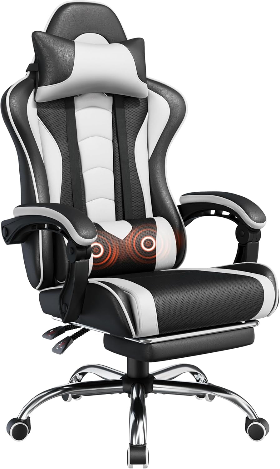 Gaming Chair, Video Game Chair with Massage Lumbar Support and Footrest Height Adjustable Ergonomic Computer Gaming Chair with Swivel Seat and Headrest, Black/White
