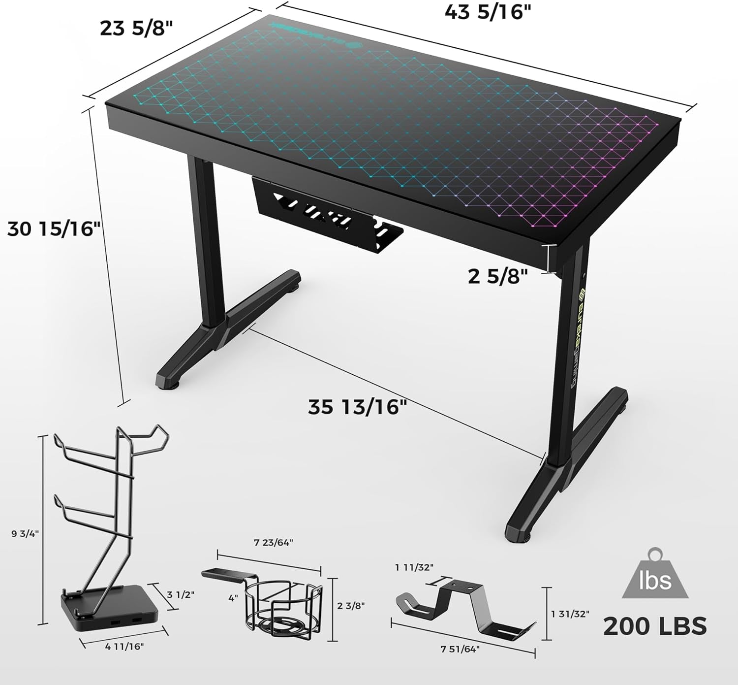RGB LED Gaming Desk, Music Sync Lights up Tempered Glass Desktop, 43" GTG I43 Home Office Computer Table W Controller Rack 4 USB Charging Ports, APP Control