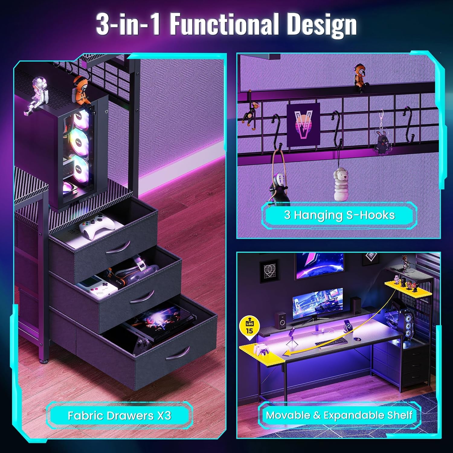 68" Gaming Desk with LED Lights & Outlets, Computer Desk with 3 Fabric Drawers, PC Desk with PC Case Stand & Movable Storage Shelves, Monitor Stand, Reversible, Carbon Fiber Black