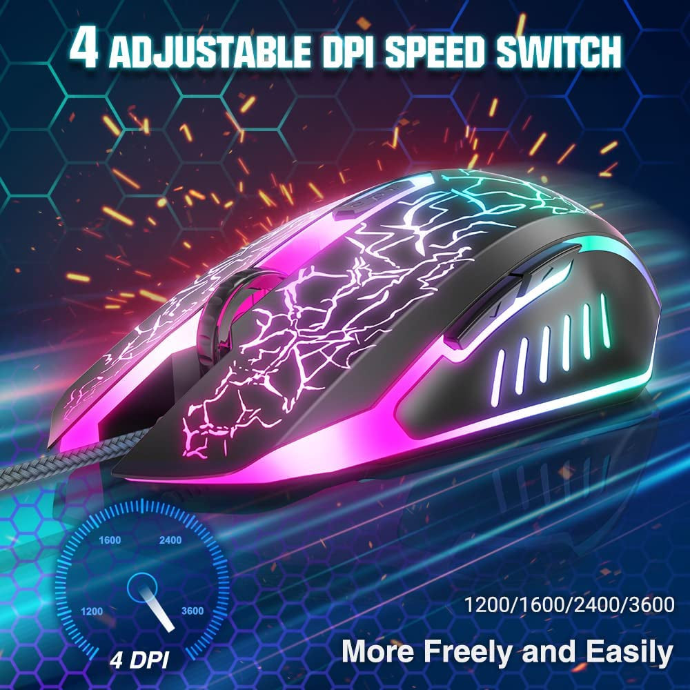 Gaming Mouse Wired, Ergonomic Gamer Laptop PC Optical Computer Mice with RGB Backlit, 4 Adjustable DPI up to 3600, 6 Programmable Buttons for Windows 7/8/10/XP Vista Linux -Black