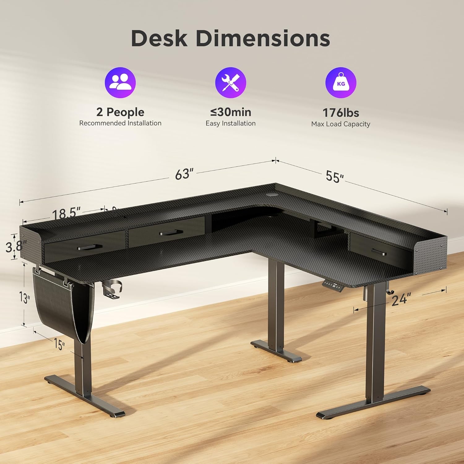 63 Inches Height Adjustable L Shaped Standing Desk with 3 Drawers and Monitor Shelf, Electric Corner Comupter Desk, Sit Stand up Home Office Desk, Ergonomic Gaming Desk, Black