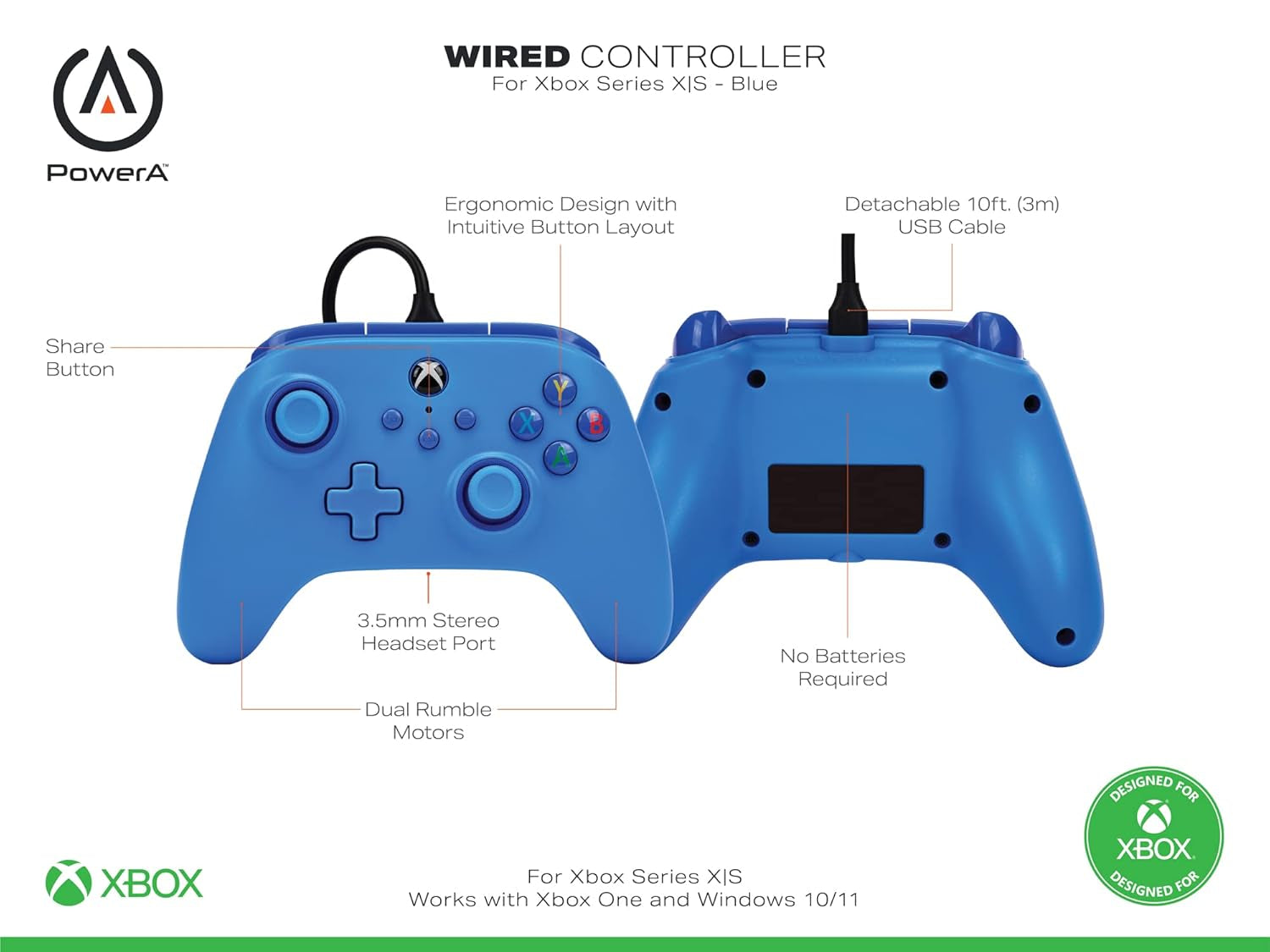 Wired Controller for Xbox Series X|S - Blue, Gamepad, Video Game/Gaming Controller, Works with Xbox One, Officially Licensed