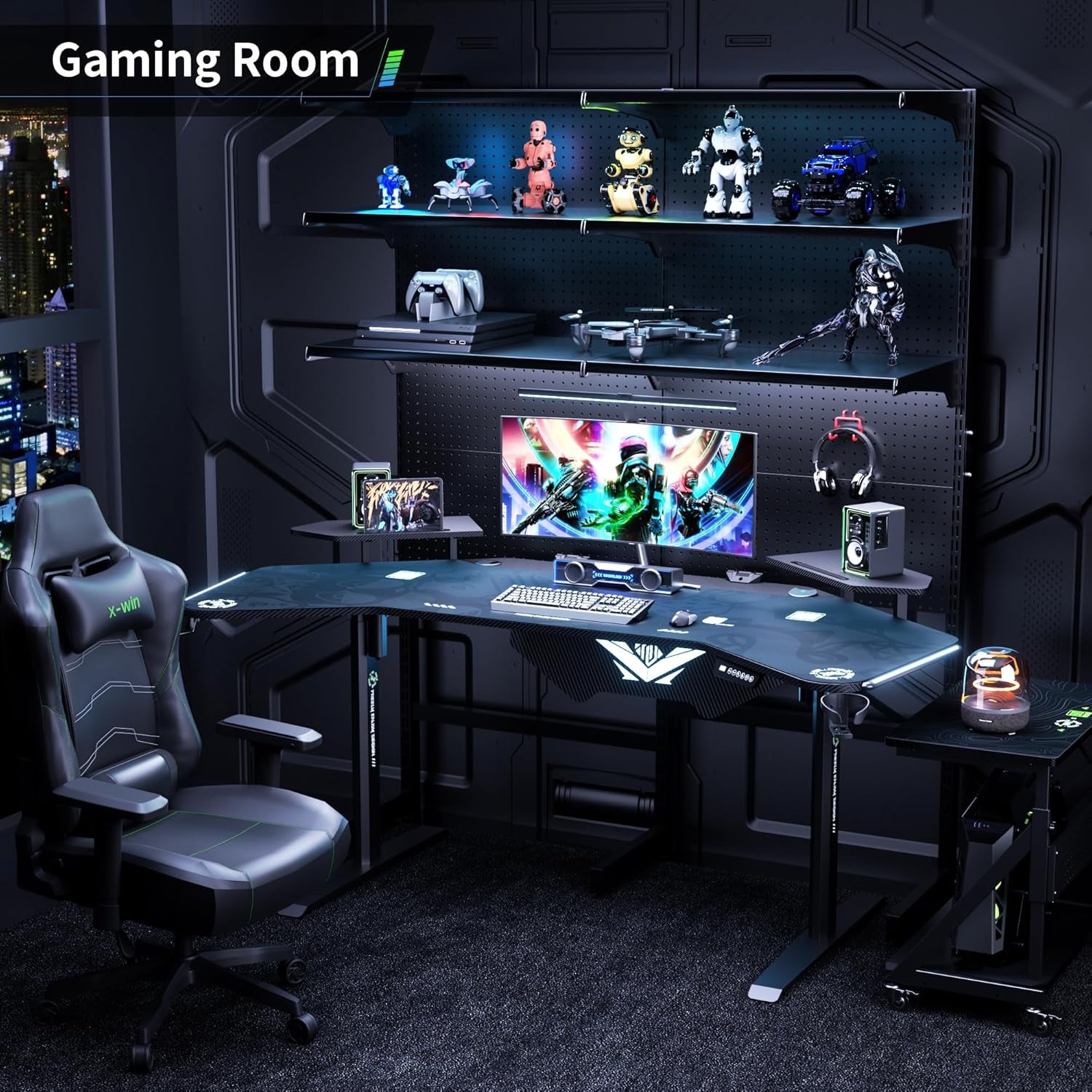 72" Standing Gaming Desk with Dual Motor, Wing-Shaped Computer Desk with Full Coverage Mouse Pad, Electric Height Adjustable Standing Desk with RGB LED Lights and Slot Design Shelves