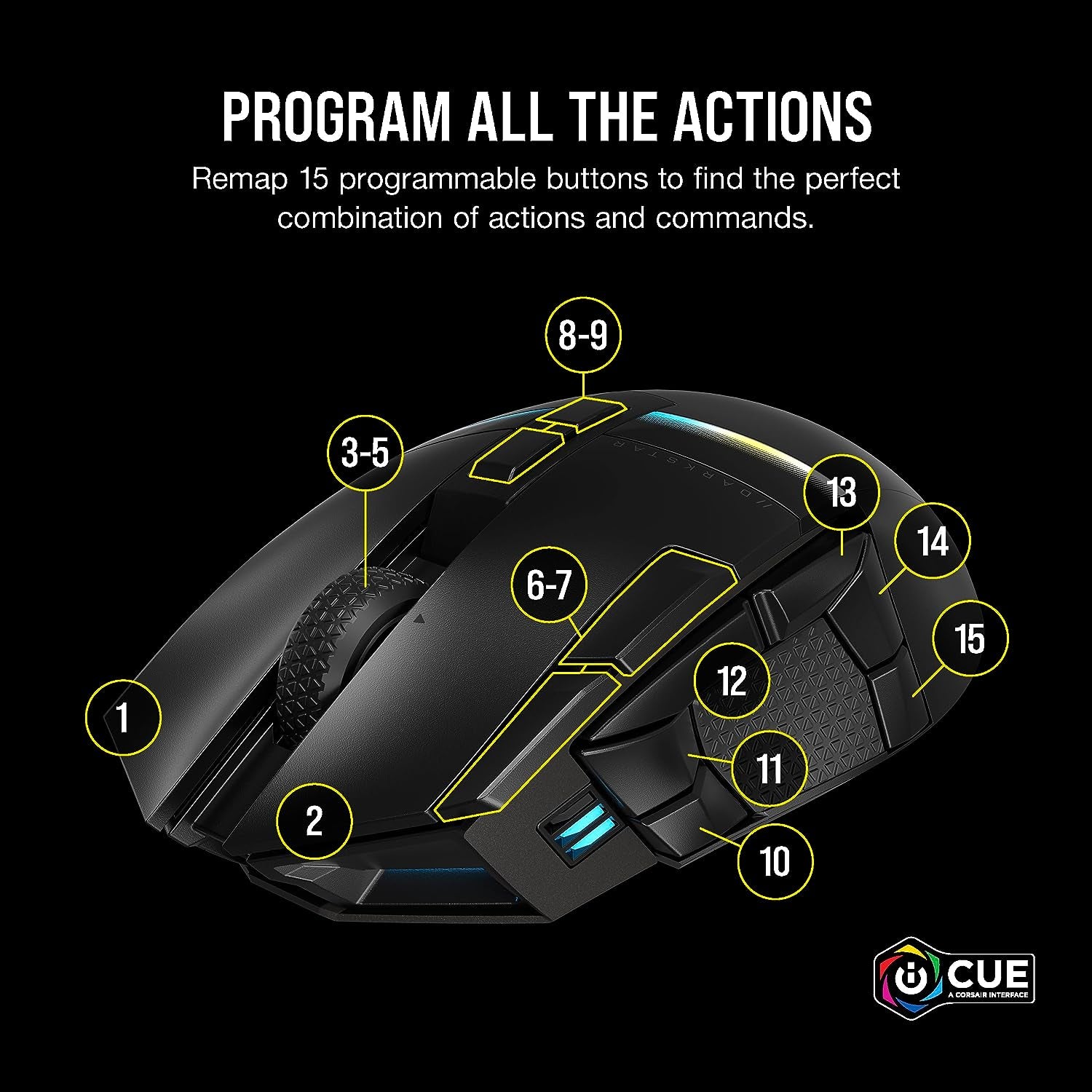 DARKSTAR RGB Wireless Gaming Mouse for MMO, MOBA - 26,000 DPI - 15 Programmable Buttons - up to 80Hrs Battery - Icue Compatible - Black